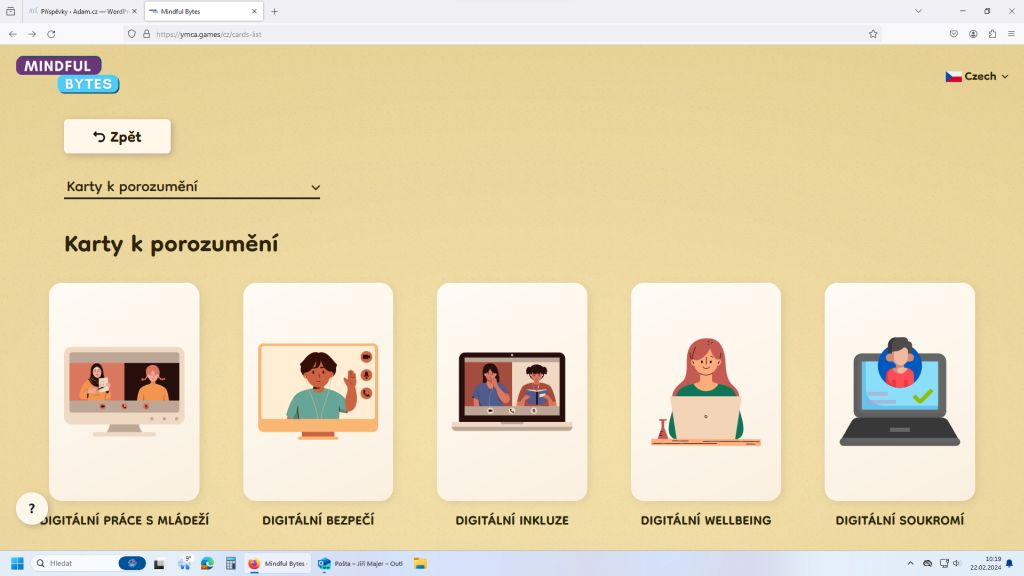 Snímek obrazovky PC s ukázkou z projektového webu Mindful Bytes