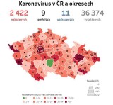 Mapa okresů s nákazou koronavirem, 28. 3. 2020 (Pelhřimov - poslední zelený okres; zdroj: Deník.cz) 